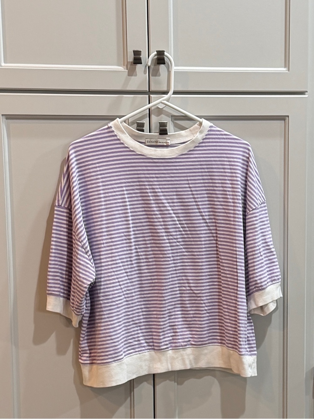 Zenana Outfitters Lavender and White Striped Boxy Tee